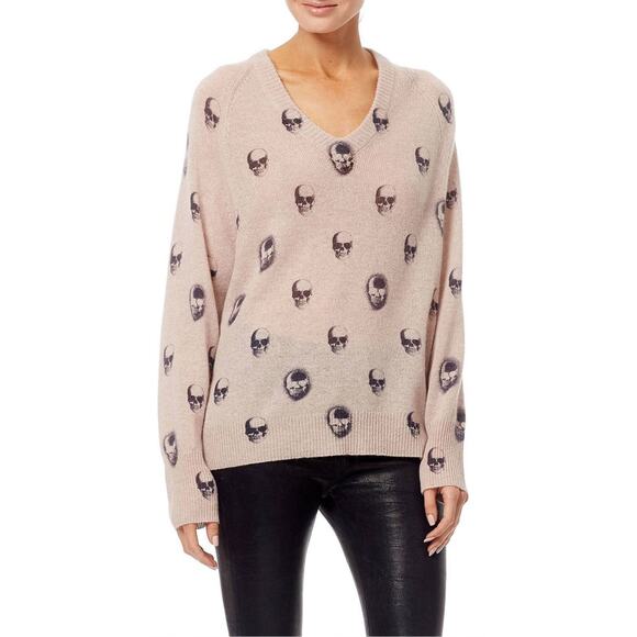 Nwot Skull Cashmere Sweater M Pink Black-Skulls Graphic V-Neck Long-Sleeve - Picture 1 of 9